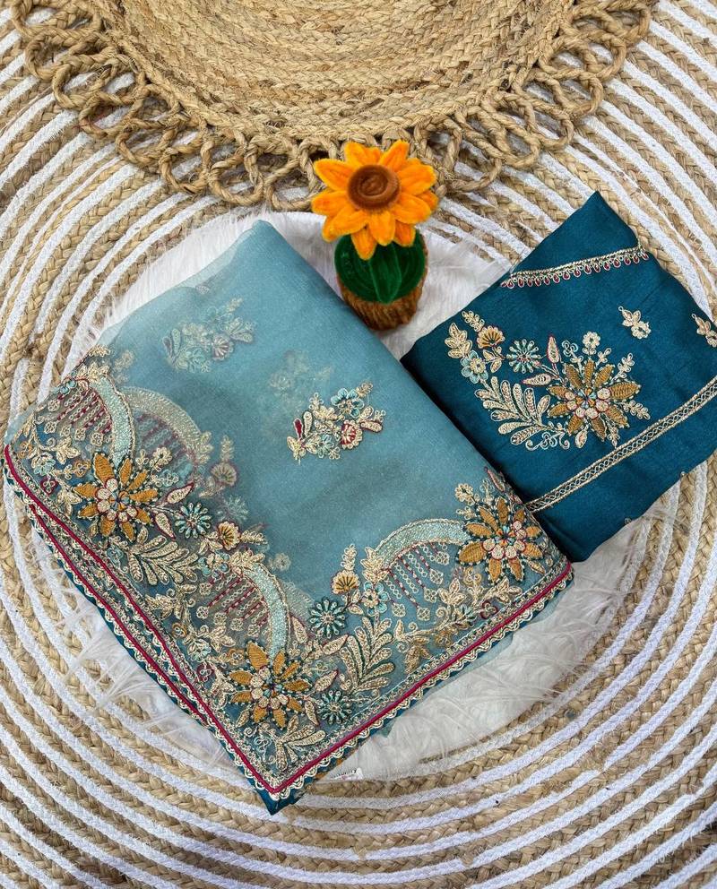 Sky Blue Color multi thread and zari embroidery work Silk Saree