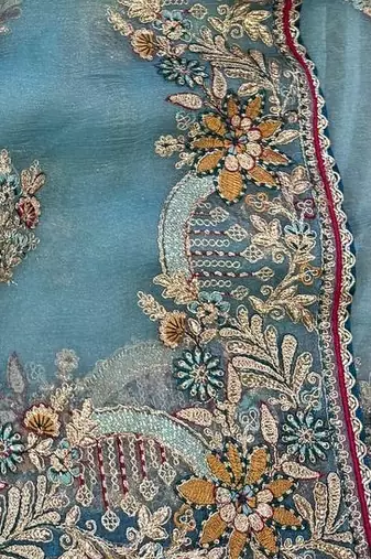 Sky Blue Color multi thread and zari embroidery work art silk saree
