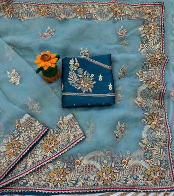 Sky Blue Color multi thread and zari embroidery work art silk saree 3