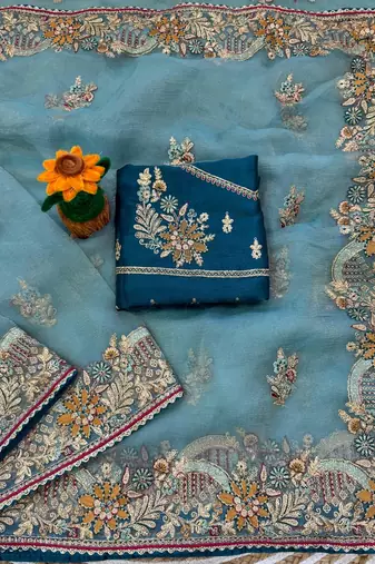Sky Blue Color multi thread and zari embroidery work art silk saree