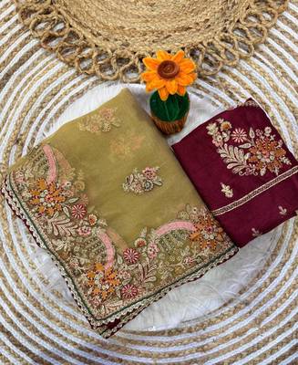 Yellow Color multi thread and zari embroidery work art silk saree 1