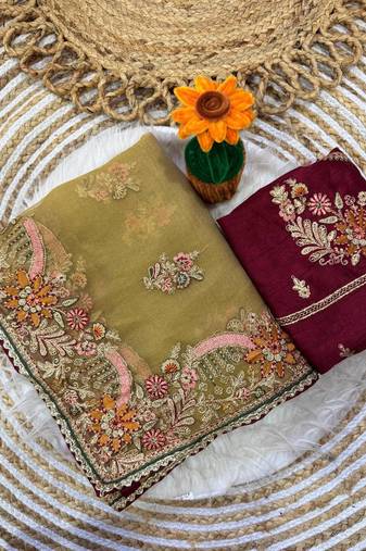 Yellow Color multi thread and zari embroidery work Silk Saree