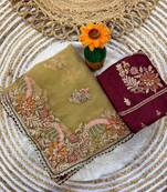 Yellow Color multi thread and zari embroidery work Silk Saree