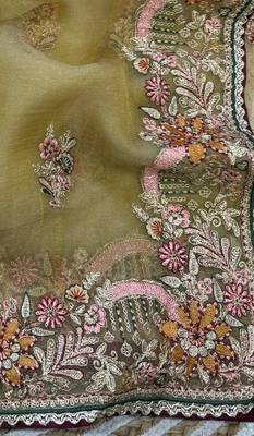 Yellow Color multi thread and zari embroidery work art silk saree 2