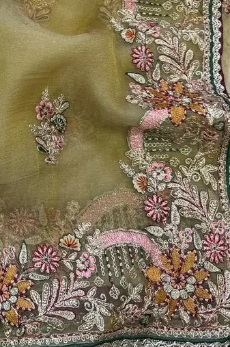Yellow Color multi thread and zari embroidery work art silk saree