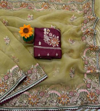 Yellow Color multi thread and zari embroidery work art silk saree 3