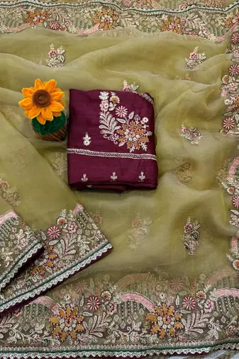 Yellow Color multi thread and zari embroidery work art silk saree
