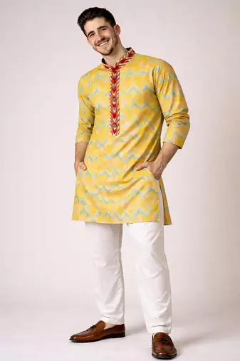 Off white color jaquard weaving work jaquard silk kurta payjama set