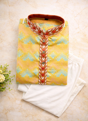 Off white color jaquard weaving work jaquard silk kurta payjama set 5