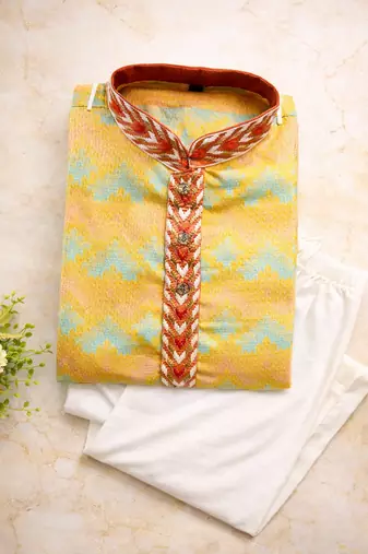 Off white color jaquard weaving work jaquard silk kurta payjama set
