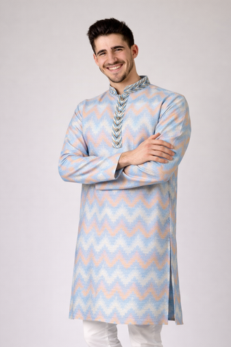 Sky blue color jaquard weaving work jaquard silk kurta payjama set