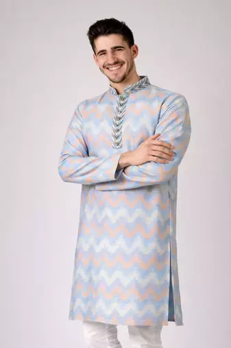 Sky blue color jaquard weaving work jaquard silk kurta payjama set