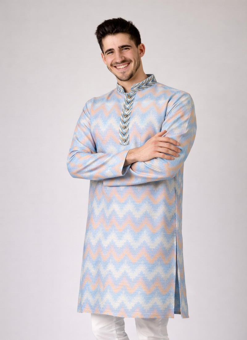 Sky blue color jaquard weaving work jaquard silk kurta payjama set