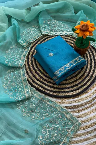Blue Color  sequence with gold zari thread work and cut work border Silk Saree