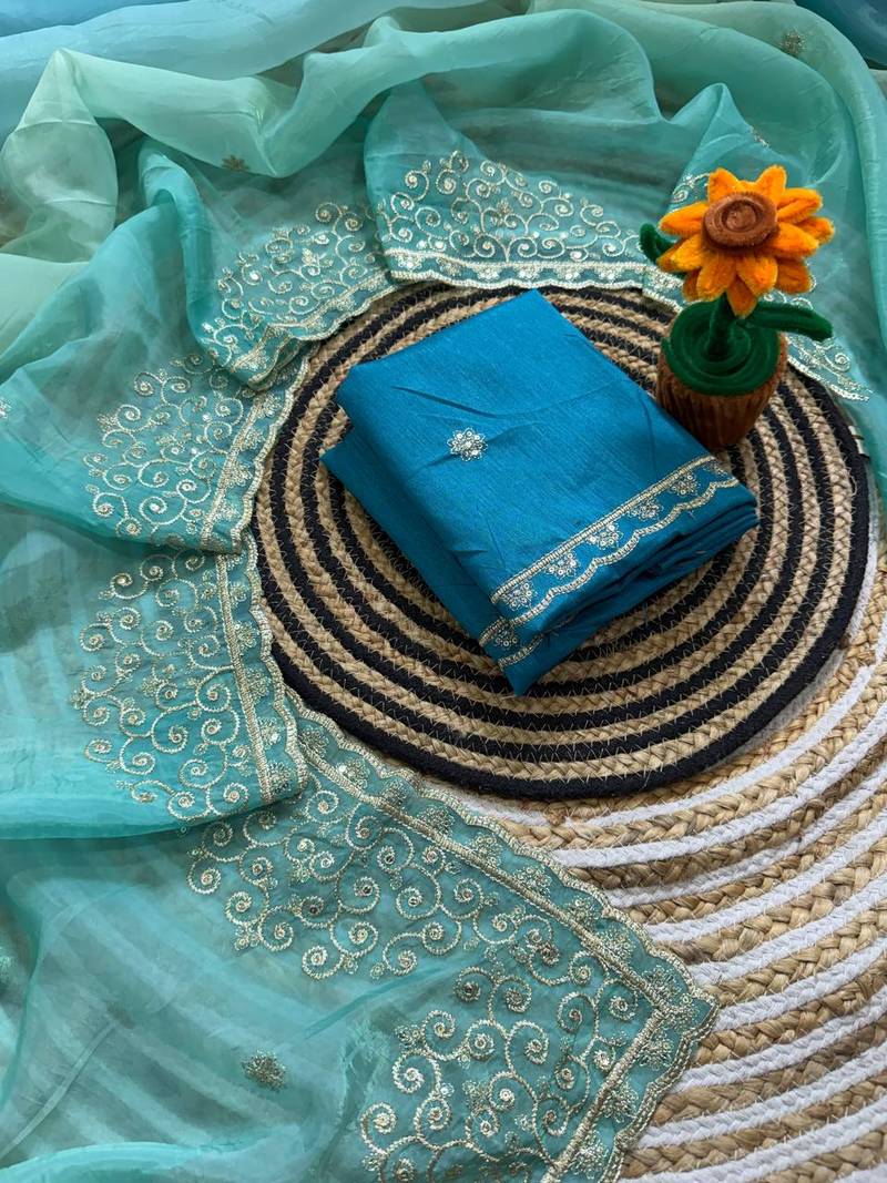 Blue Color  sequence with gold zari thread work and cut work border Silk Saree