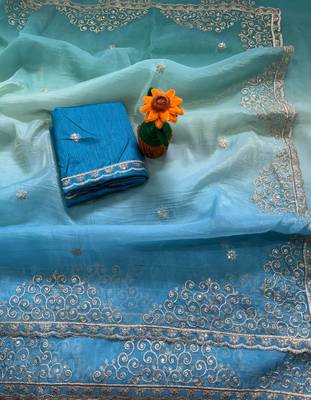 Blue Color  sequence with gold zari thread work and cut work border art silk saree 2