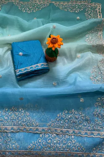 Blue Color  sequence with gold zari thread work and cut work border art silk saree