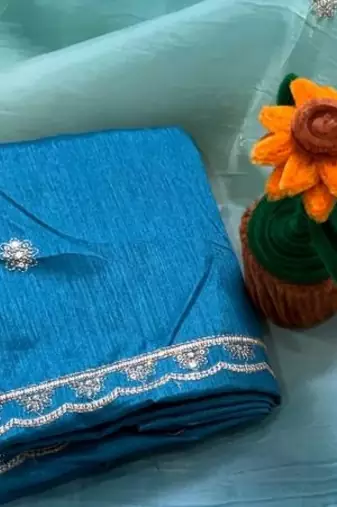 Blue Color  sequence with gold zari thread work and cut work border art silk saree