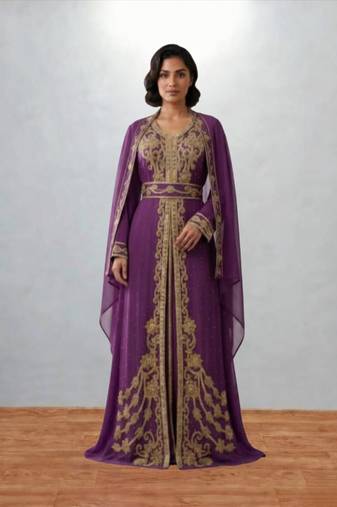 Luxurious dark purple Kaftan With Gold Work Stitched Dress
