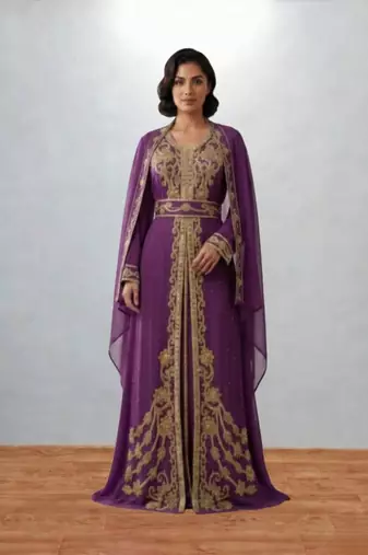 Luxurious dark purple Kaftan With Gold Work Stitched Dress