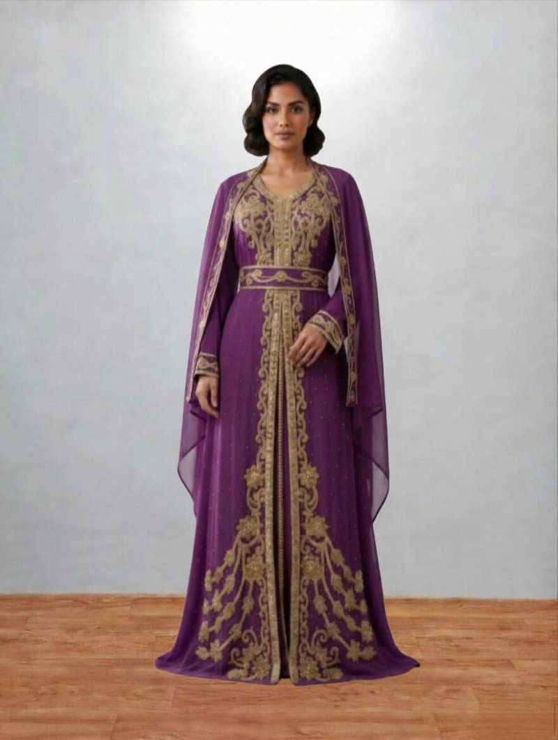 Luxurious dark purple Kaftan With Gold Work Stitched Dress