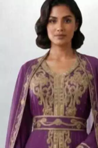 Luxurious dark purple Kaftan With Gold Work Stitched Dress