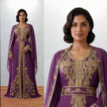 Luxurious dark purple Kaftan With Gold Work Stitched Dress 3