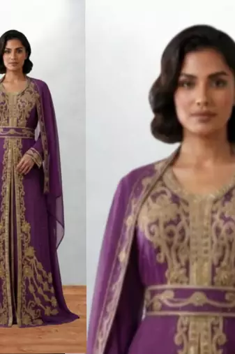 Luxurious dark purple Kaftan With Gold Work Stitched Dress