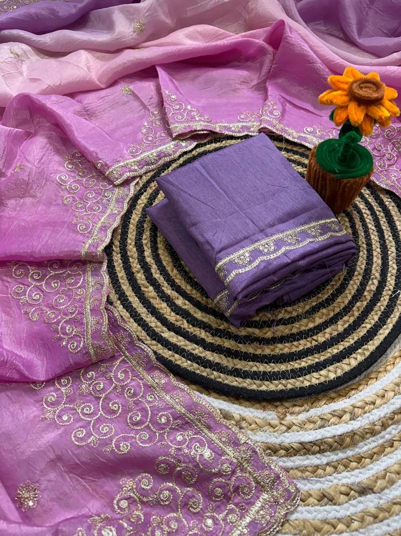 Purple Color  sequence with gold zari thread work and cut work border Silk Saree