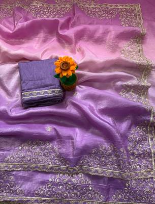 Purple Color  sequence with gold zari thread work and cut work border art silk saree 3