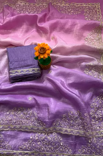 Purple Color  sequence with gold zari thread work and cut work border art silk saree