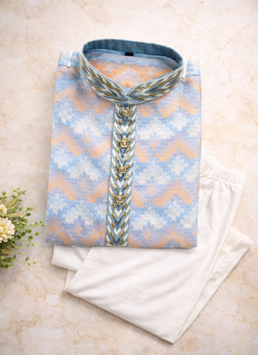 Sky blue color jaquard weaving work jaquard silk kurta payjama set 5