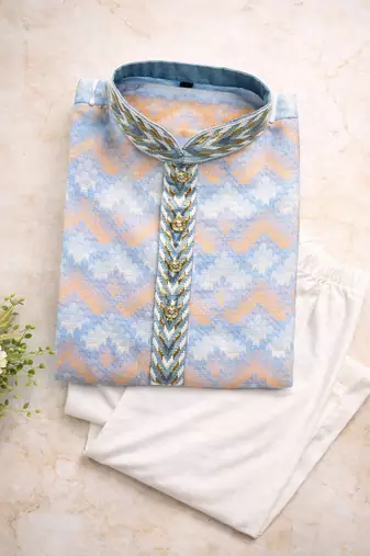 Sky blue color jaquard weaving work jaquard silk kurta payjama set