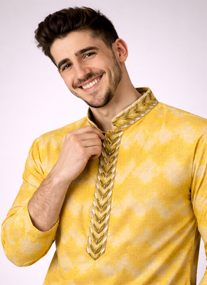 Yellow color jaquard weaving work jaquard silk kurta payjama set 2