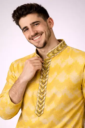 Yellow color jaquard weaving work jaquard silk kurta payjama set