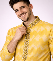 Yellow color jaquard weaving work jaquard silk kurta payjama set