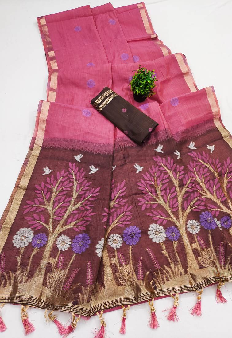 Pink Color  Meenakari  Weaving touchup Work Muga Cotton Saree 