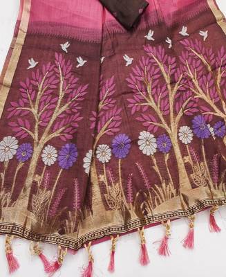 Pink Color  Meenakari  Weaving touchup Work Muga Cotton Saree  2