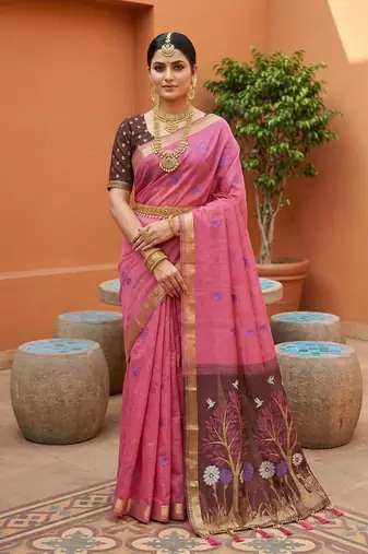 Pink Color  Meenakari  Weaving touchup Work Muga Cotton Saree 