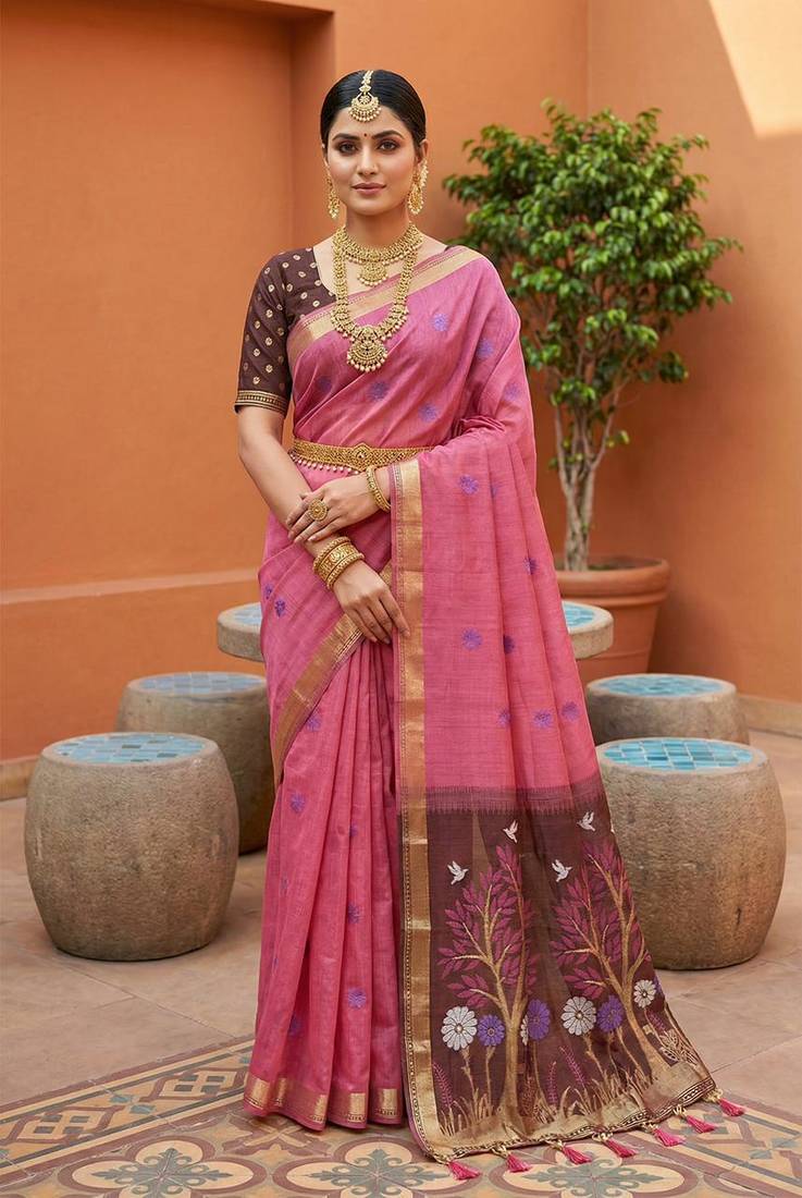 Pink Color  Meenakari  Weaving touchup Work Muga Cotton Saree 