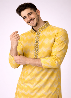 Yellow color jaquard weaving work jaquard silk kurta payjama set 3