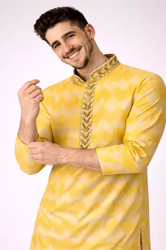 Yellow color jaquard weaving work jaquard silk kurta payjama set