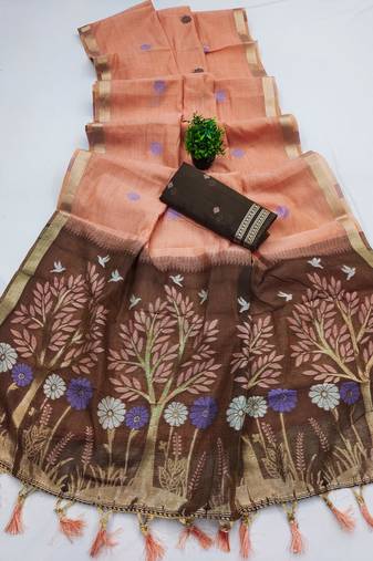 Peach Color  Meenakari  Weaving touchup Work Muga Cotton Saree 