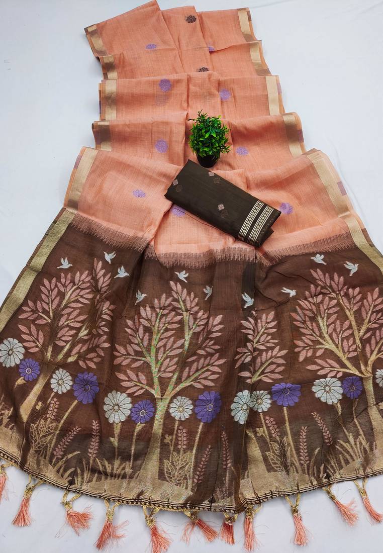 Peach Color  Meenakari  Weaving touchup Work Muga Cotton Saree 