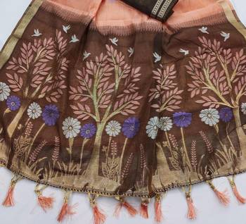 Peach Color  Meenakari  Weaving touchup Work Muga Cotton Saree  2