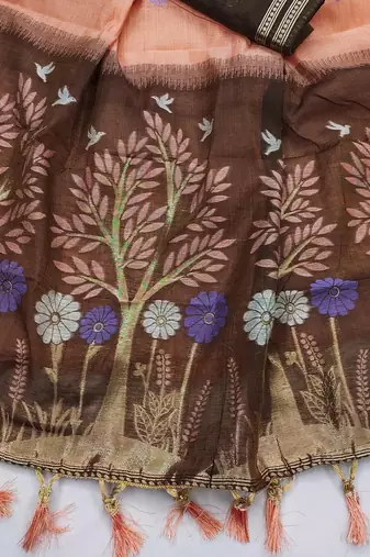 Peach Color  Meenakari  Weaving touchup Work Muga Cotton Saree 