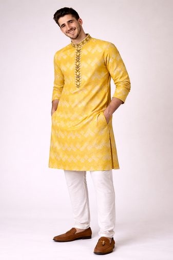 Yellow color jaquard weaving work jaquard silk kurta payjama set
