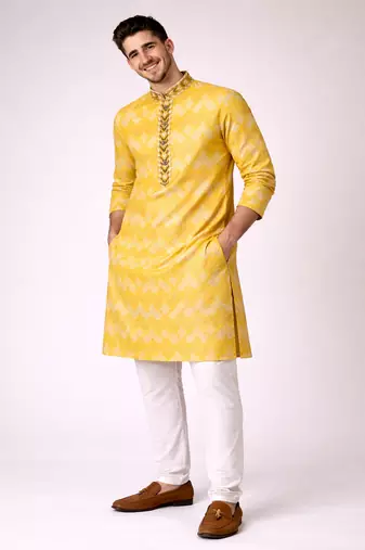 Yellow color jaquard weaving work jaquard silk kurta payjama set