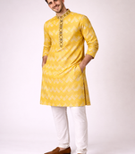 Yellow color jaquard weaving work jaquard silk kurta payjama set