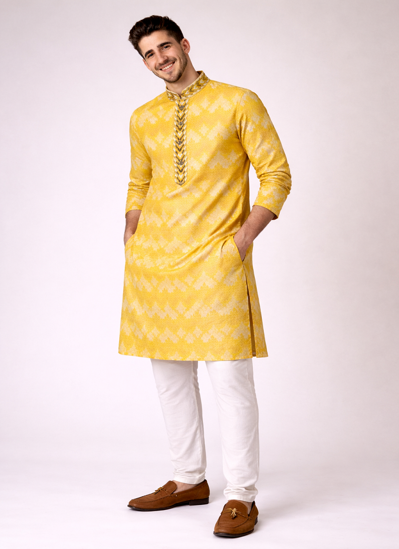 Yellow color jaquard weaving work jaquard silk kurta payjama set